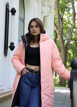 Зимний двусторонний пуховик пудра черный 44-56