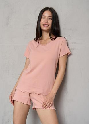 Комплект женский домашний персиковый с футболкой и шортами, ткань в рубчик