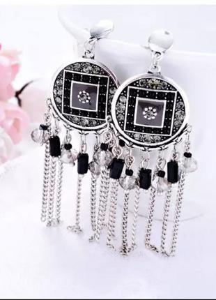 Длинные серьги с цепочками/ эмаль/инкрустация стразами/винтажный этно бохо стиль