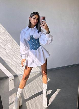 Приталена сорочка + джинсовий корсет зі стразами