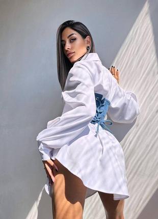 Приталена сорочка + джинсовий корсет зі стразами6 фото