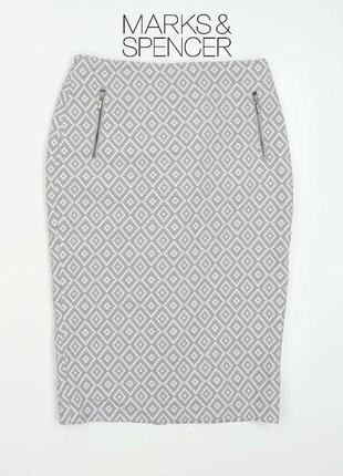 Стильная высокая базовая узкая брендовая серая вискозная офисная юбка карандаш l m&amp;s в ромбик с орнаментом для учителя1 фото
