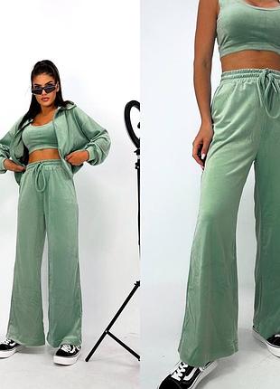 Трійка велюровий спортивний костюм прямі штани топ і кофта на блискавці з капюшоном