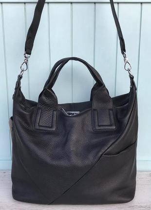 Женская кожаная сумка большая polina & eiterou чёрная жіноча шкіряна сумка чорна5 фото