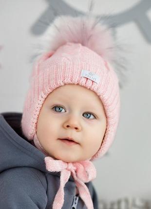 Зимняя шапка на завязках для девочки, теплая шапочка с завязками и помпоном, вязаная шапочка с флисом и бубоном, зимняя шапка4 фото