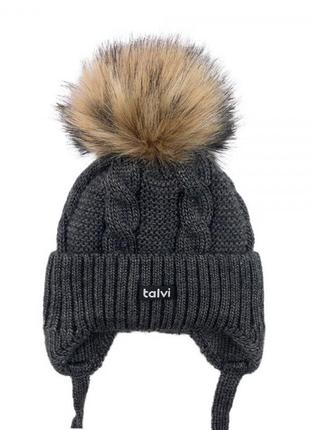 Зимняя шапочка для мальчика на завязках, теплая шапка с помпоном и завязками, шапка на зиму с флисом, шапочка с бубоном4 фото