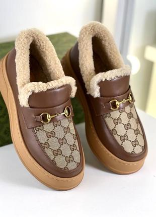 Женские зимние лоферы на меху в стиле гуччи gucci