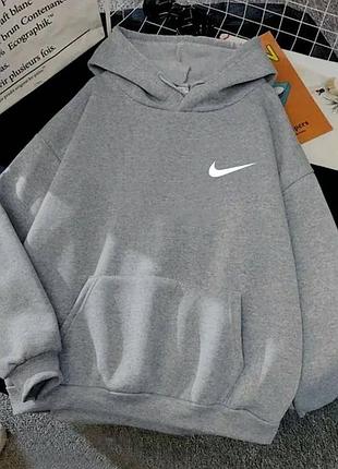 Жіноча худі nike на флісі кофта з капюшоном 42-46 універсал оверсайз кенгурушка тепла толстовка сіра найк s m l