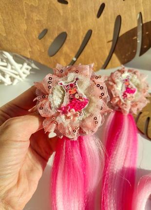 Бантики с тильдой розовые банты с прядями бантики с куколками2 фото