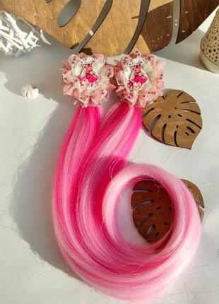 Бантики с тильдой розовые банты с прядями бантики с куколками1 фото