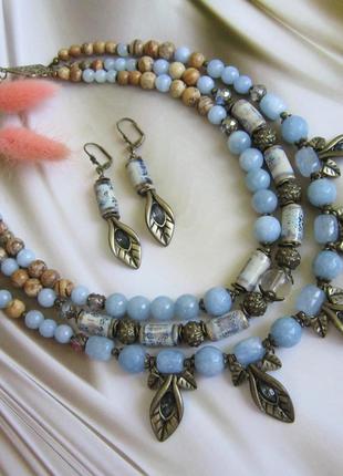 Ожерелье из яшмы, аквамарина и керамики " песня мальчишки"5 фото