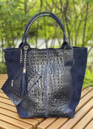Замшевая темно-синяя сумка с принтом под крокодила, италия, цвета в ассортименте