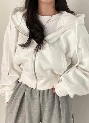 Худи теплое женское укороченное с капюшоном, женская кофта трехнитка