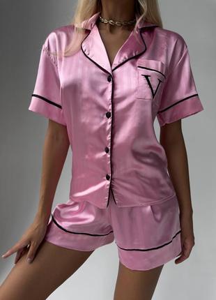 Женская розовая шелковая пижама victoria's secret шортиками
