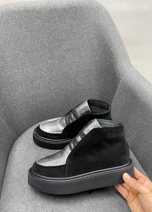 Черные + серебристые ботинки лоферы замша и кожа цвет на выбор2 фото
