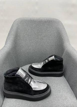 Черные + серебристые ботинки лоферы замша и кожа цвет на выбор4 фото