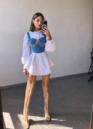 Приталена сорочка + корсет зі стразами, джинсовий корсет ручної роботи