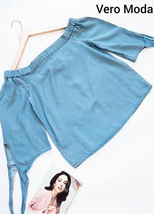 Жіноча джинсова блуза на резинці позаду, тримається на плечах вільного крою з принтом, рукава на зав'язках від бренду vero moda