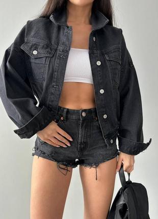 Женская черная джинсовая куртка джинсовка4 фото
