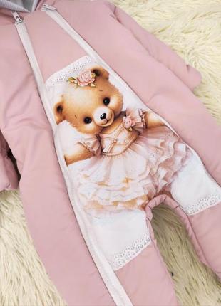 Зимовий комбінезон + спальник для новонароджених, принт ведмедик у сукні, рожевий6 фото