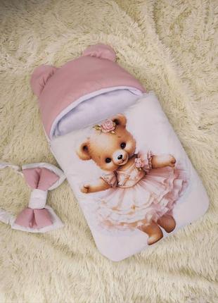 Зимовий комбінезон + спальник для новонароджених, принт ведмедик у сукні, рожевий2 фото