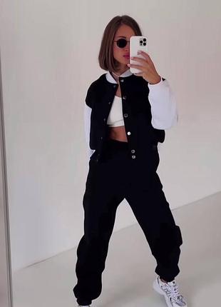 Спортивный костюм на флисе утепленный кофта бомбер штаны джоггеры с высокой посадкой на резинке теплый