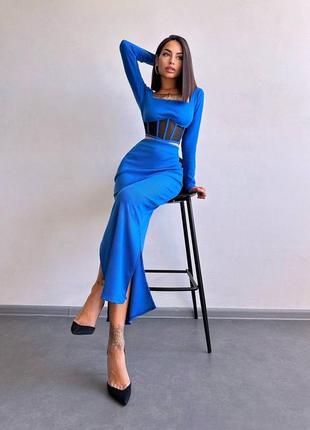 Комплект в рубчик юбка макси + топ с элементами корсета, костюм с юбкой