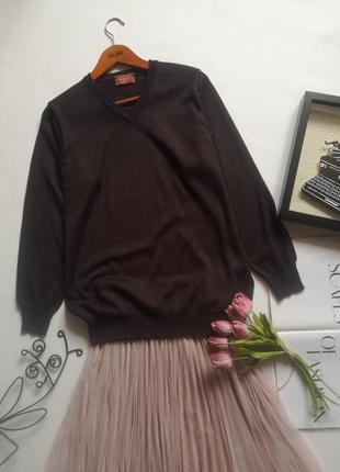 Коричневый пуловер marks&spencer, мериносовая шерсть, v-образный вырез, унисекс, кофта, джемпер, italian,7 фото