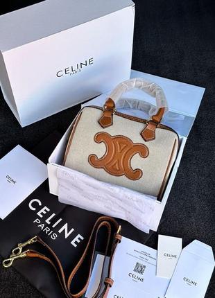 Сумка 👜 celine small boston cuir triomphe in textile and calfskin текстиль беж коричнева