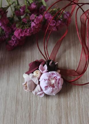 Комплект украшений ручной работы с цветами из полимерной глины  'розовый шик'7 фото