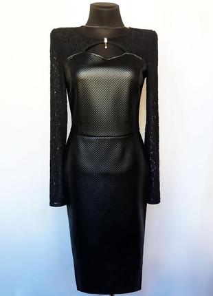 Суперцена. стильное черное платье, кожа и гипюр. новое, р. m/42-44