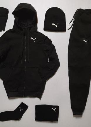 Комплект 6 в 1 preto puma: спортивний костюм зима (кофта та штани) + шапка + бафф+ перчатки+ шкарпетки