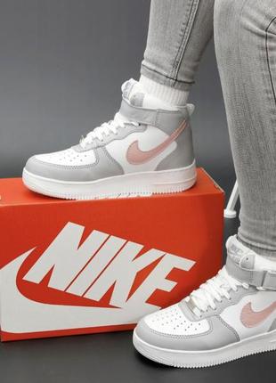 Жіночі зимові кросівки nike air force 1 high winter white grey pink fur (хутро)(36-41