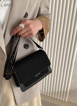 Женская классическая сумочка через плечо кросс-боди на ремешке бархатная велюровая замшевая черная4 фото