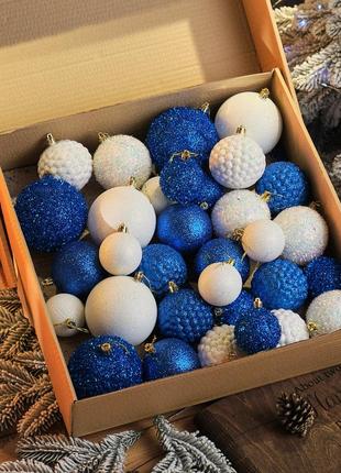 Набір новорічних куль "блиск" 36 шт. d-10,8,6 см. кулі новорічні пластикові на ялинку синій2 фото