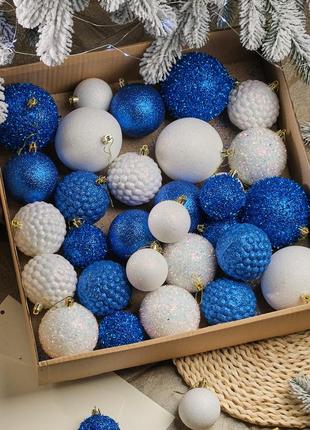 Набір новорічних куль "блиск" 36 шт. d-10,8,6 см. кулі новорічні пластикові на ялинку синій