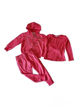 Спортивний костюм для дівчинки комплект трійка кофта з капюшоном, штани та реглан малинового кольору 104 вн-2