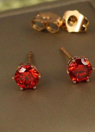 Серьги гвоздики  xuping jewelry красный фианит на шесть креплений 6 мм золотистые