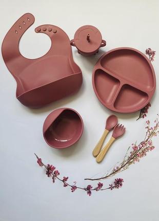 Дитячий набір силіконового посуд для першого прикорму та годування рожевий (6 предметів)