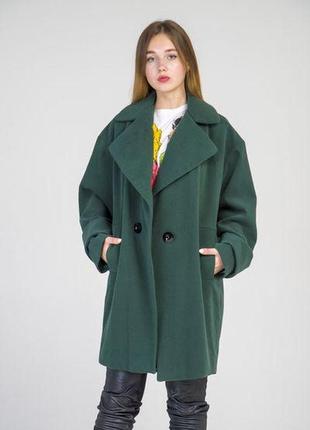 Пальто кашемировое женское с большими лацканами оверсайз зеленое5 фото