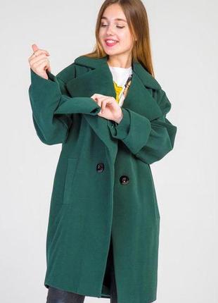 Пальто кашемировое женское с большими лацканами оверсайз зеленое2 фото