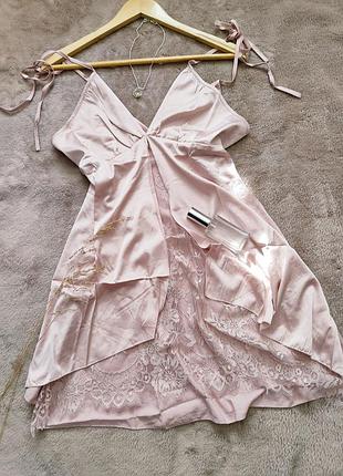 Шелковая ночная рубашка с кружевом пижама ночнушка комбинация пеньюар м l xl 46 48 50