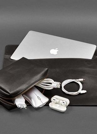 Набір шкіряний темно-коричневий косметичка, чохол для ноутбука