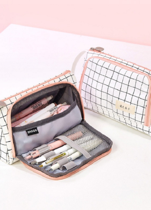 Пенал школьный студенческий комод 2 отделения в клеточку треугольный