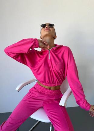 Трендовий спортивний костюм кофта на блискавці топ укорочена на резинці вільного крою штани джогери з високою посадкою