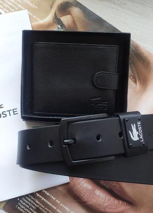 Чоловічий подарунковий набір lacoste Organic ремінь і гаманець total black4 фото