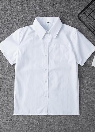 Жіноча сорочка біла короткий рукав 7302 карман класична рубашка в школу форма білосніжна мінімалізм3 фото