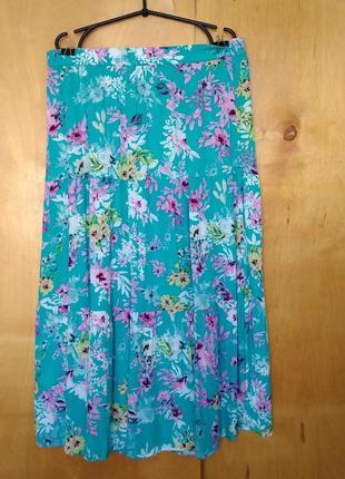 Р 18 / 52-54 романтичная легкая юбка бирюзовая в цветах вискоза жатка cotton traders5 фото