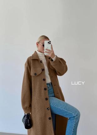Трендовое шерстяное пальто букле барашка миди на пуговицах с карманами свободного прямого кроя теплое стильное2 фото