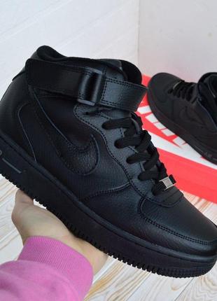 Nike air force черные мужские кроссовки кожаные найк форс кеды осенние зимние термо на флисе ботинки высокие